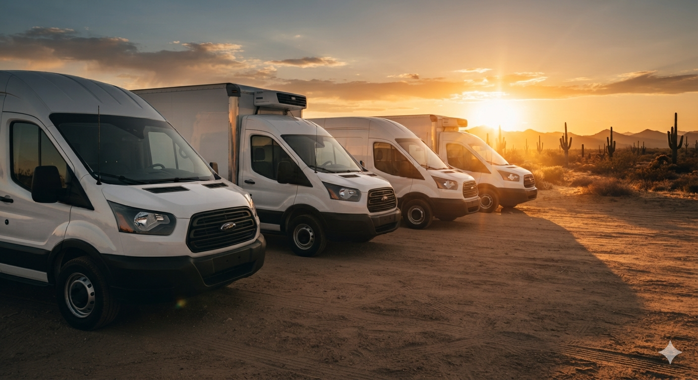 Row of Moody Goose fleet vehicles staged at dusk